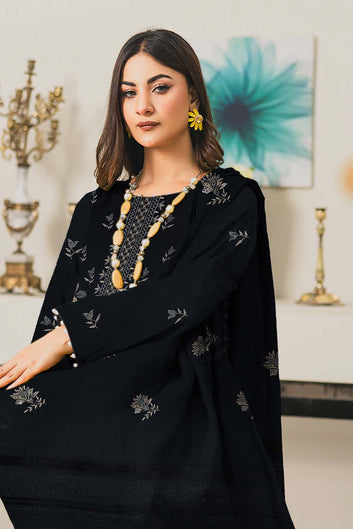 Embroidered Premium Dhanak Suit 3 Piece | Black