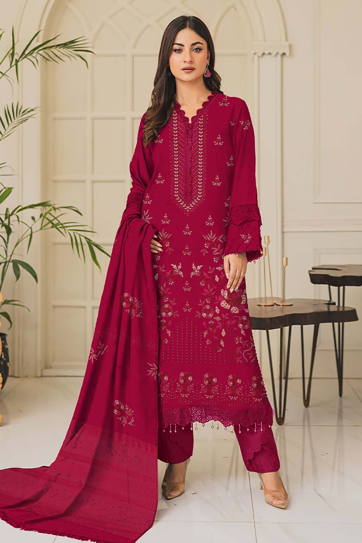 Embroidered Premium Dhanak Suit 3 Piece | Red