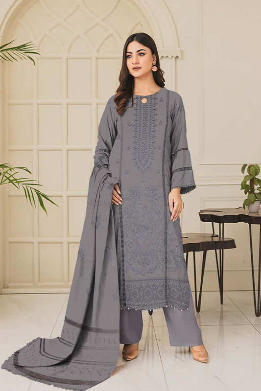 Embroidered Premium Dhanak Suit 3 Piece | Grey