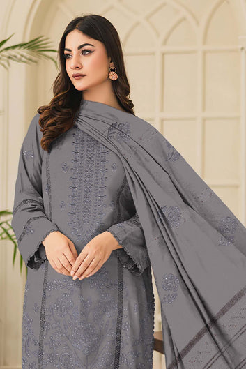 Embroidered Premium Dhanak Suit 3 Piece | Grey