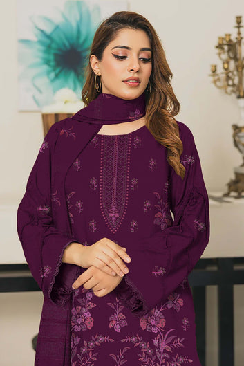 Embroidered Premium Dhanak Suit 3 Piece| Purple