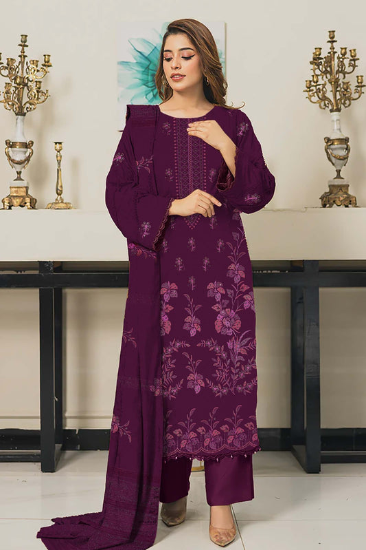 Embroidered Premium Dhanak Suit 3 Piece| Purple