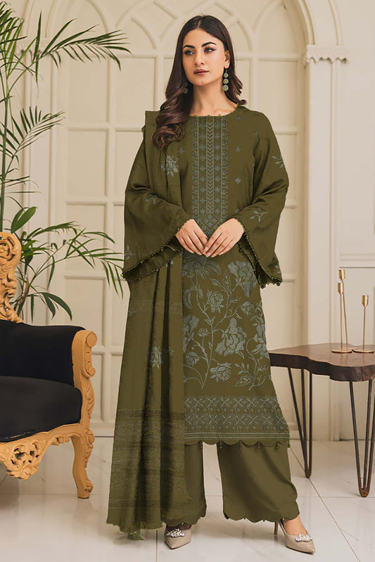 Embroidered Premium Dhanak Suit 3 Piece | Olive Green