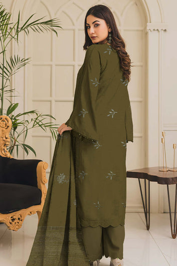 Embroidered Premium Dhanak Suit 3 Piece | Olive Green