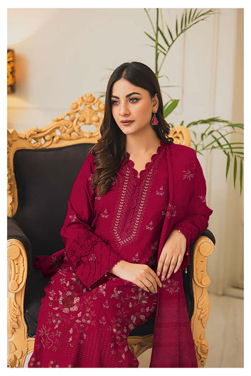 Embroidered Premium Dhanak Suit 3 Piece | Red